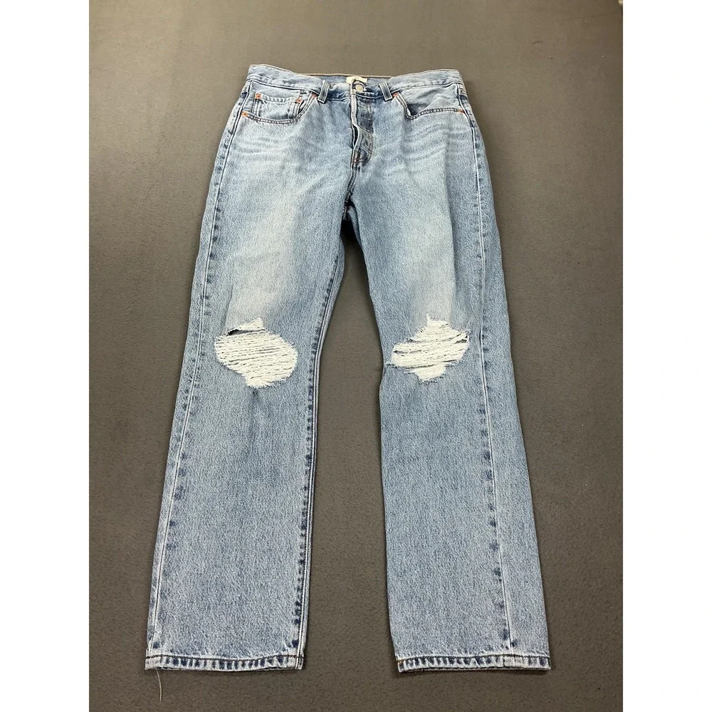 Levis 501 Jeans Mens 31x30 Light Wash Blue Straight Button Fly Distressed Denim